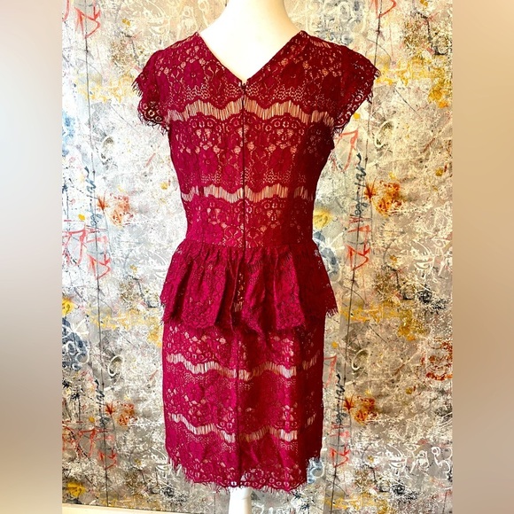 MAUVE ANTHROPOLOGIE Red Wine Crotcheted Peblum Dress. Size Small - Picture 3 of 11